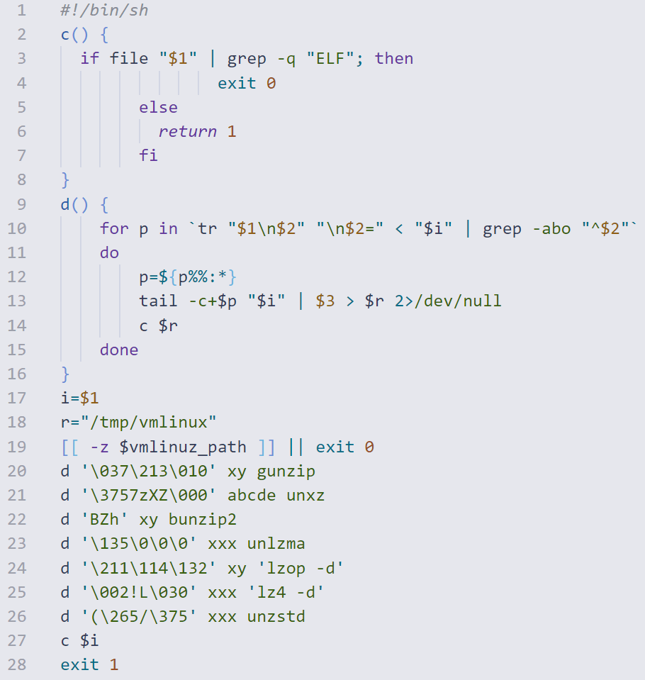 Figure 6 The Bash script that is used to decompress the kernel image